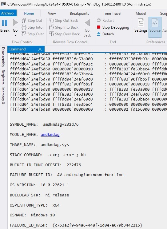 crash_amdkmdag_sys sobre WinDbg