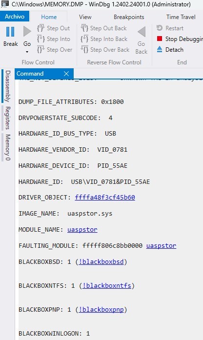 crash_usb_sandisk sobre WinDbg