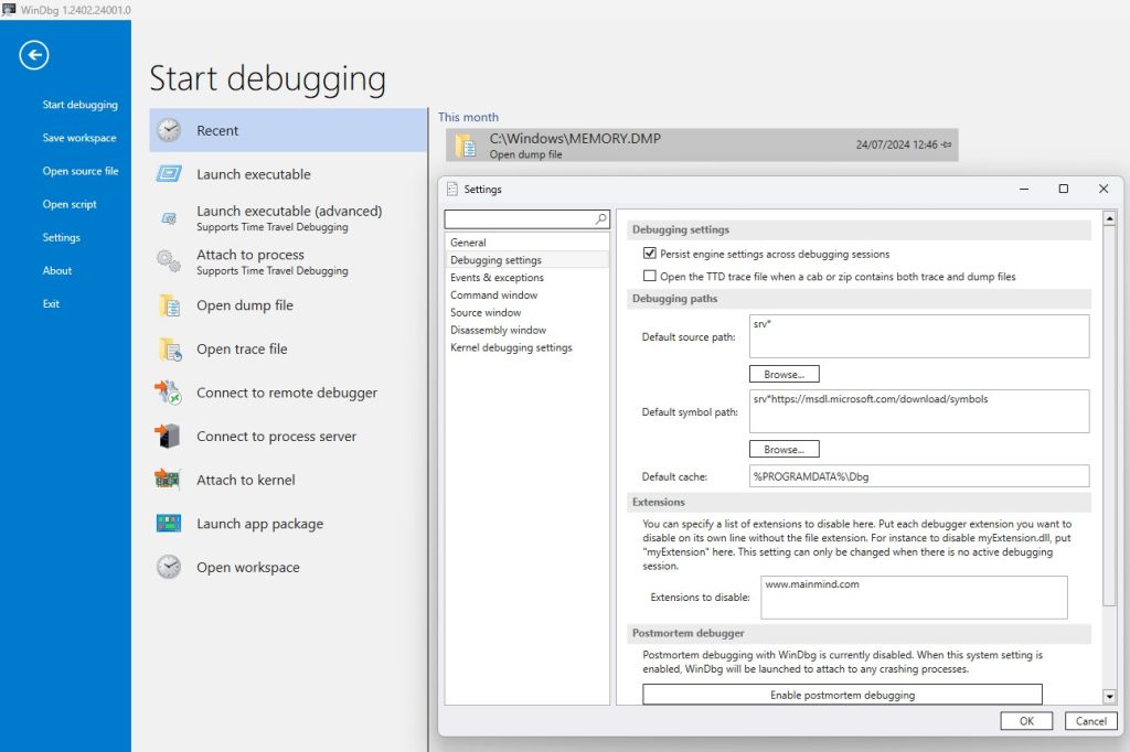 settings sobre WinDbg